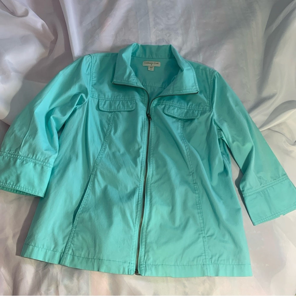 Coldwater Creek Turquoise Zip-Up Jacket 100% Cotton 3/4 Sleeve Women’s Large 14
